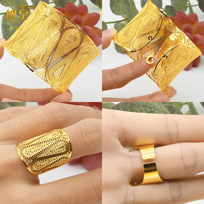 Xuhuang Afrikaanse Groothandel Goud Kleur Armbanden Met Ring Nigeria Bruid Bruiloft Armband Sieraden Geschenken Arabisch Charm Bangles