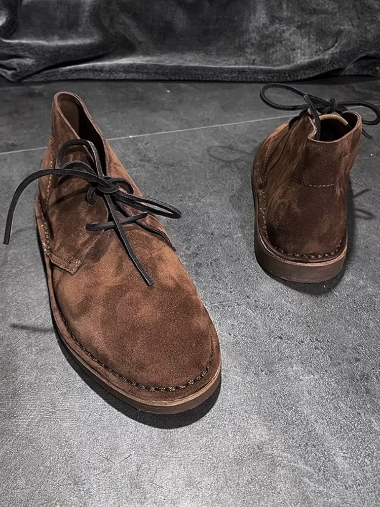 Italian Men Handmade Cow Suede Leather Shoes Vintage Lace Up High Top Casual Driving Shoes Comfortable Flats Business Work Shoes 2