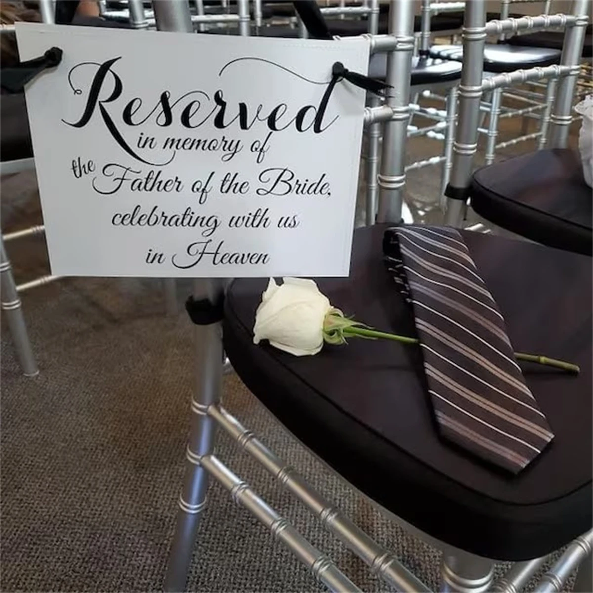 Personalized Memorial Wedding Chair Banner with "Reserved In Memory Of Celebrating With Us In Heaven" Father of the Bride Sign