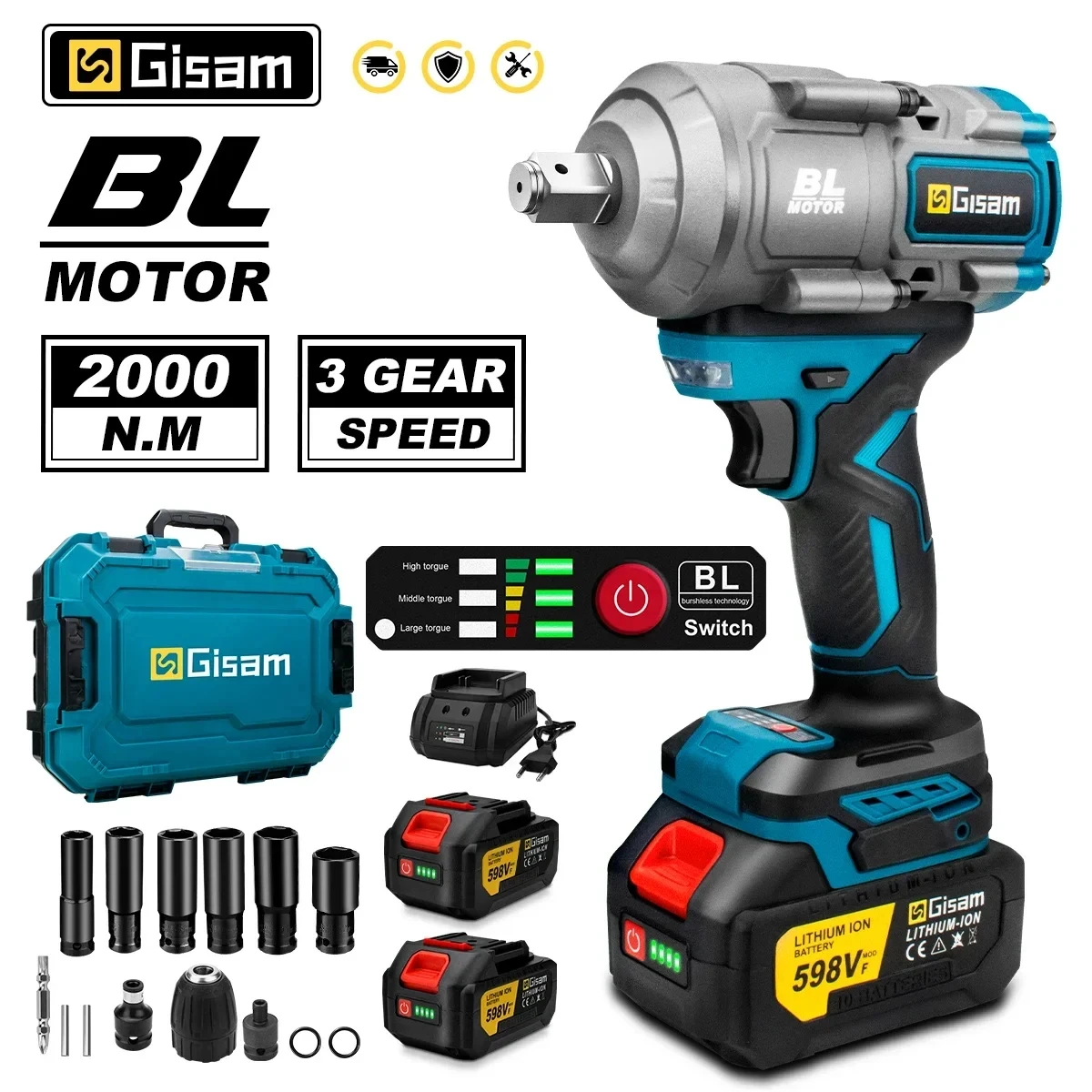 Impact Wrench Gisam 2000N.M Brushless Electric Impact Wrench 1/2 inch Cordless ScrewdriverWrench Power Tools For Makita 18V Battery Pin
