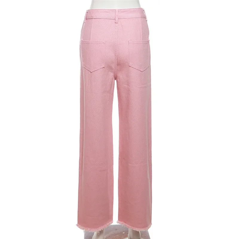 Color Patchwork High Waist Loose Casual Jeans for Women 2023 Autumn New High Waist Button Fly Straight Leg Pants Streetwear