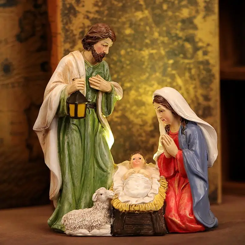 

Holy Family Figurine LED Resin Nativity Light Set Multifunctional Family Resin Craft Figurine Ornament For Christmas Gift Supply