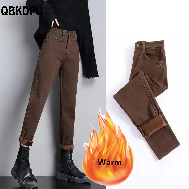 

Winter Vaqueros Thick Warm Vintage Brown Plus Velvet Harem Jeans Women Casual Basic High Waist Autumn Ankle Length Denim Pants