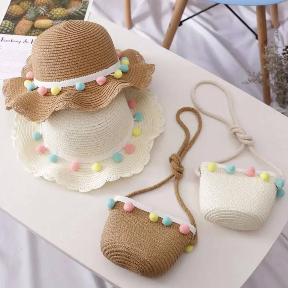 Fashion Large Sun Protection Summer Hat Floppy Pompom Ball Handbag Beach Hat Bucket Cap Straw Woven