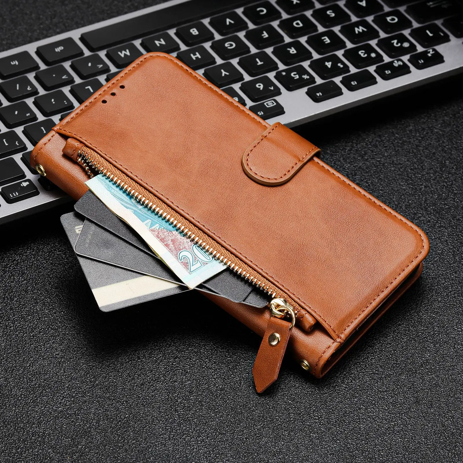 Luxurious Leather Wallet Phone Case with Strap and Zipper