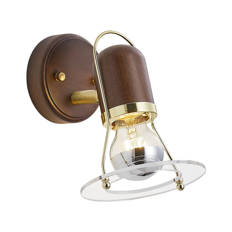 

Vintage Walnut Wood+Metal+Acrylic Adjustable Wall Lamps Bedroom Aisle Porch Bathroom Retro Wall Sconce Indoor Decor Lighting E27
