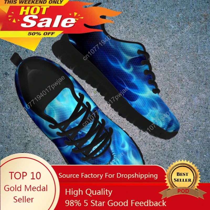 Terror Skeleton Skull Women Casual Shoes Blue Fire Print Design Footwear Flats Sport Shoe Ladies Breathable Mesh Sneaker