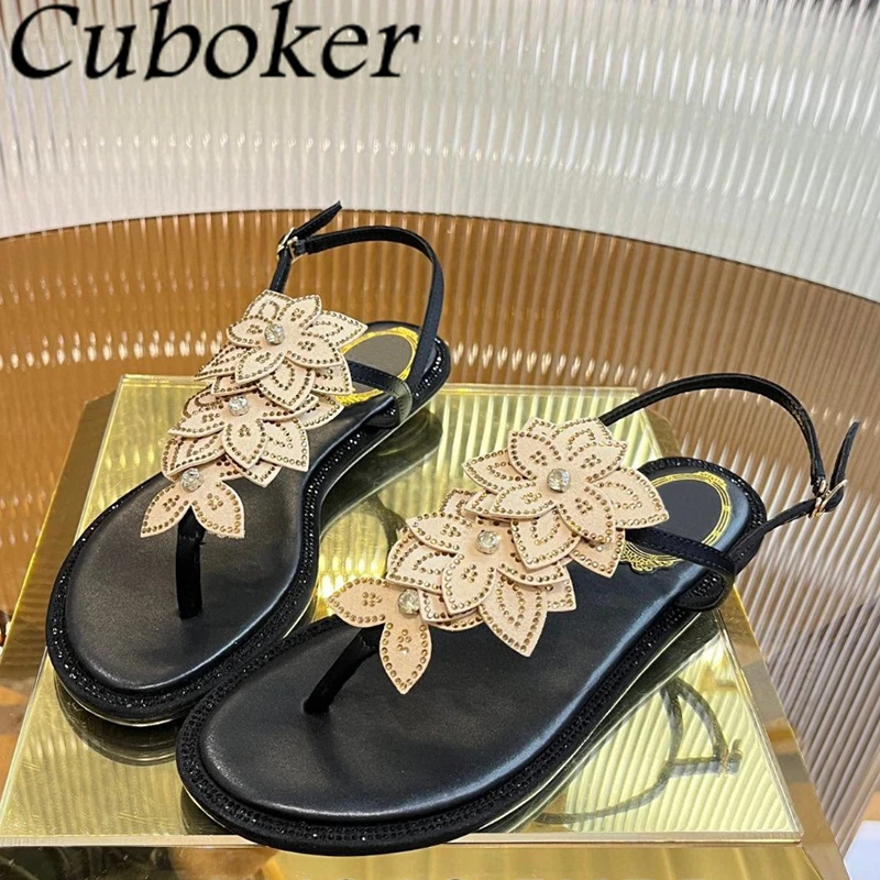 

2024 Summer Shining Flower Crystal Sandals Women Fashion Flip Flops Flat Sandals Ladies Casual Beach Bohemian Sandalias Femme