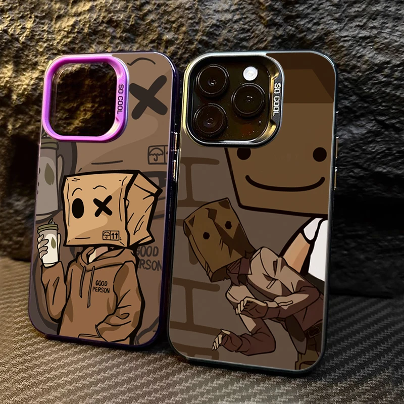 Cartoon Box Man Pattern Plating Phone Case for iPhone 15 14 13 12 11 Pro Max XS X XR 7 8 Plus SE2 14Plus Shockproof Matte Cover