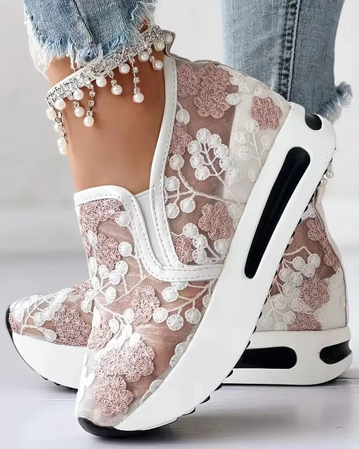 Womens sneakers floral embroidery mesh sneakers