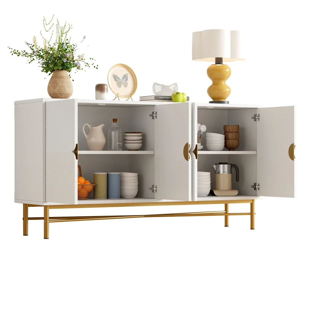Sideboard mit eleganter Textur, Kleiderschrank mit vier Türen, goldfarbenen gebürsteten Griffen und hochglänzenden Tischbeinen, Weiß, 160 x 40 x 82 cm – Detail 15