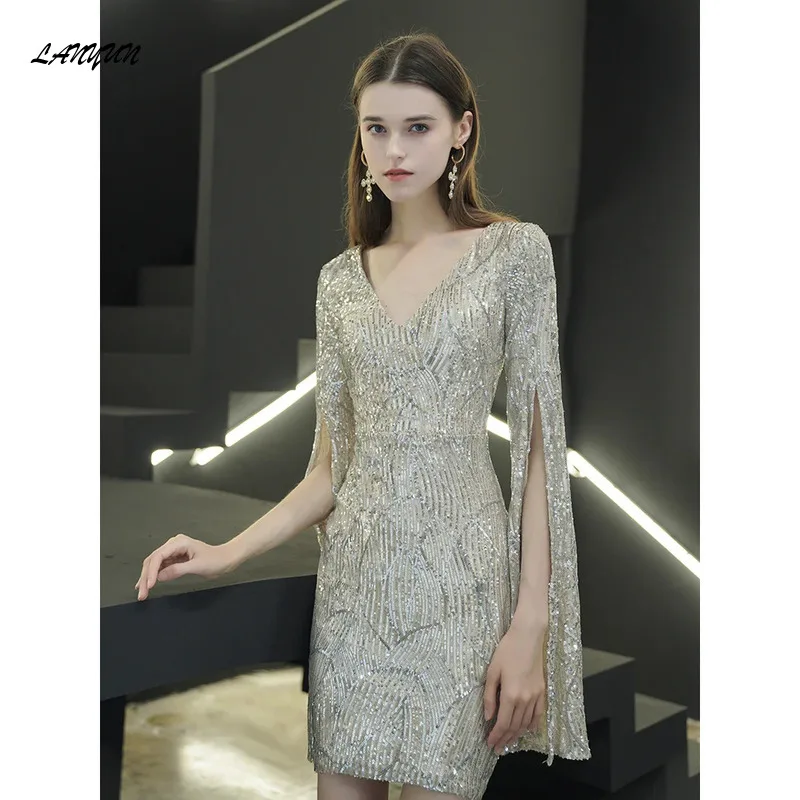 LANMU Women White Long Sleeve Sexy Sequin V-neck Elegant Vestidos Slim Luxury Shinny Split Long Sleeve Short Evening Dresses