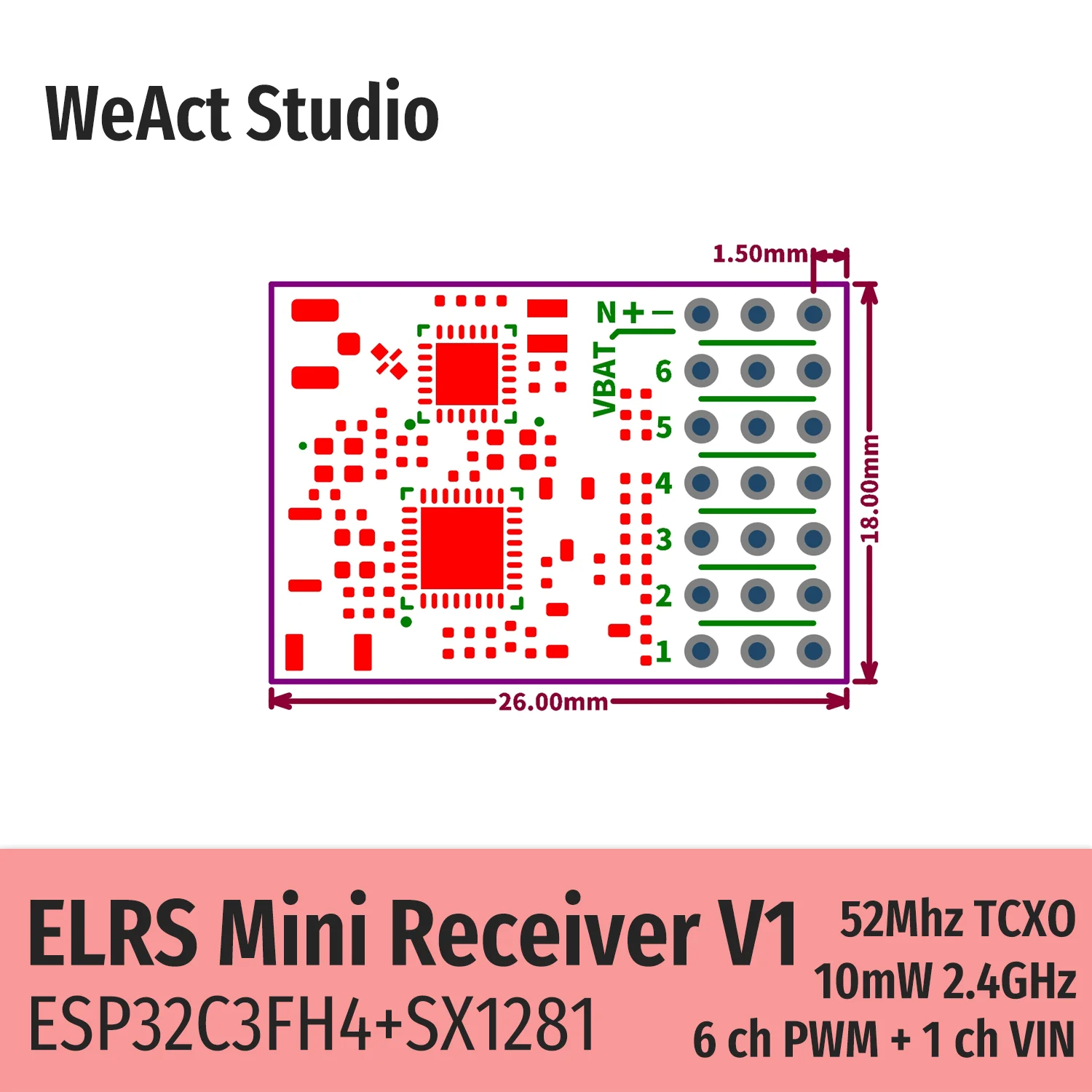 Détail des connecteurs du récepteur ELRS V1 pour Drone FPV - WeAct Studio, 2.4G, antenne IPEX visible