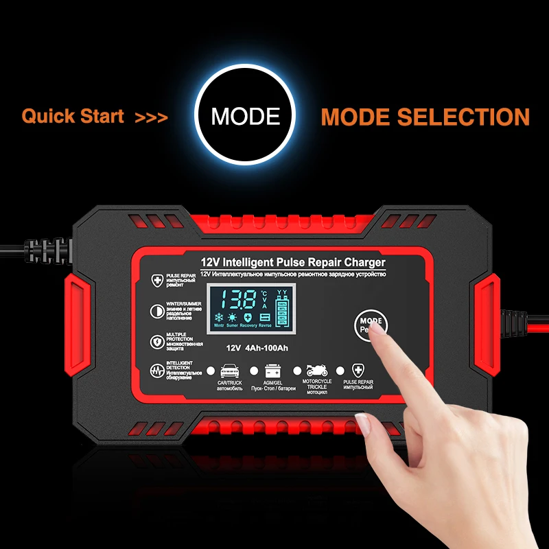 Car Battery Charger 12V 6A Pulse Repair LCD Display Smart Fast Charge AGM Deep Cycle GEL Lead-Acid Charger For Auto Motorcycle 3
