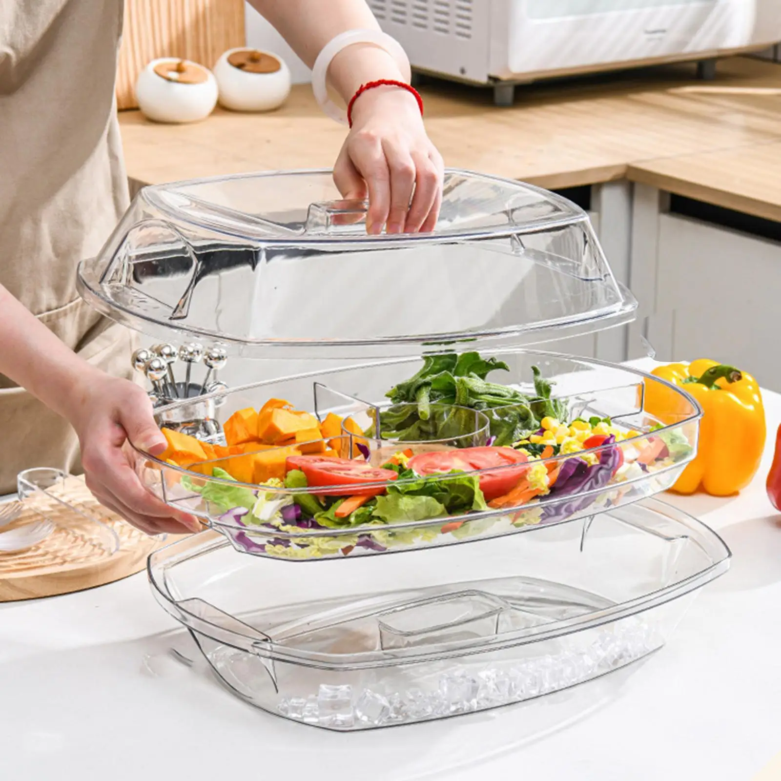 Chilled Serving Tray with Lid Ice Chilled Party Platter for Salad Cold Food
