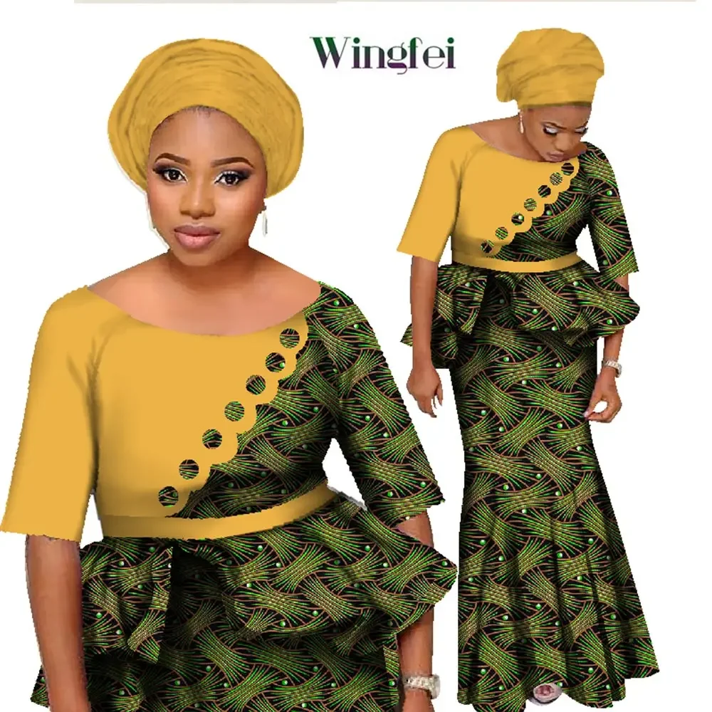 African Clothes for Women 3 Pieces Set Lady Crop Tops and Long Skirt with African Headwrap Dashiki Clothing WY1252