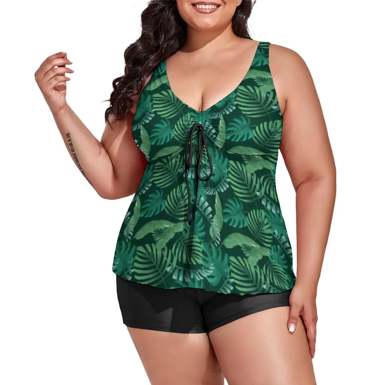 

Green Palm Leaves Tankini Swimsuit Tropical Leaf Print Rave Swimwear 2 Pieces Elegant Bathing Suit Graphic Beachwear Plus Size