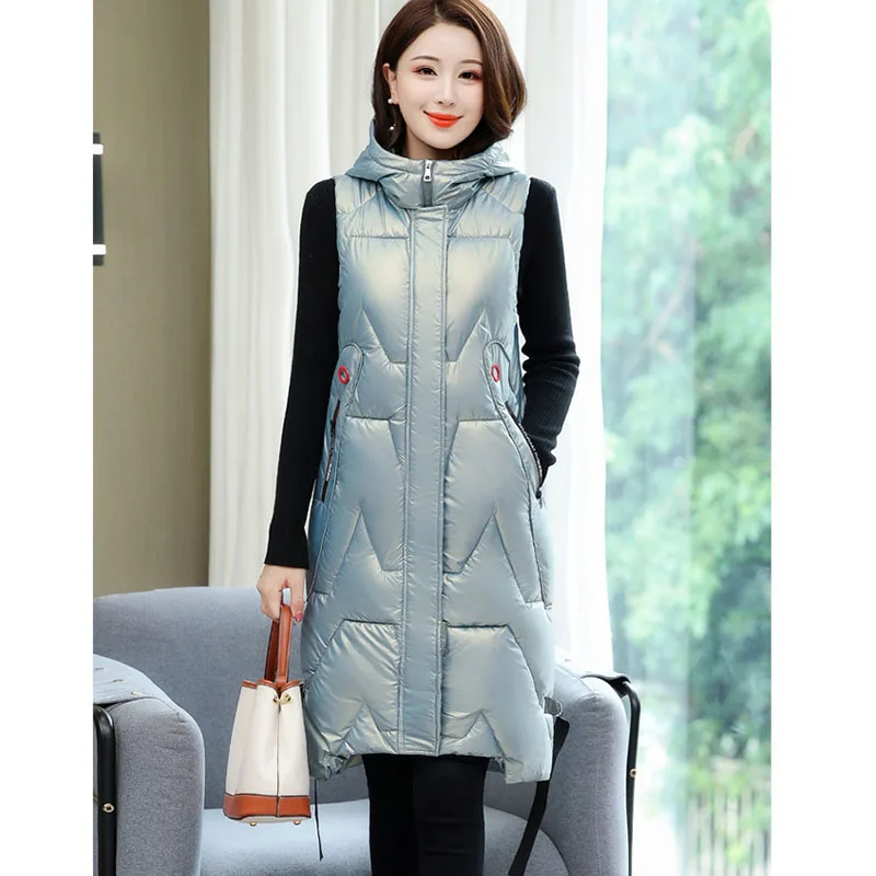 Snow Wear Warm Long Waistcoat Women Winter Vest Jacket Hooded Outerwear Female Glossy Parka Sleeveless Jacket Mujer Coats S-5XL