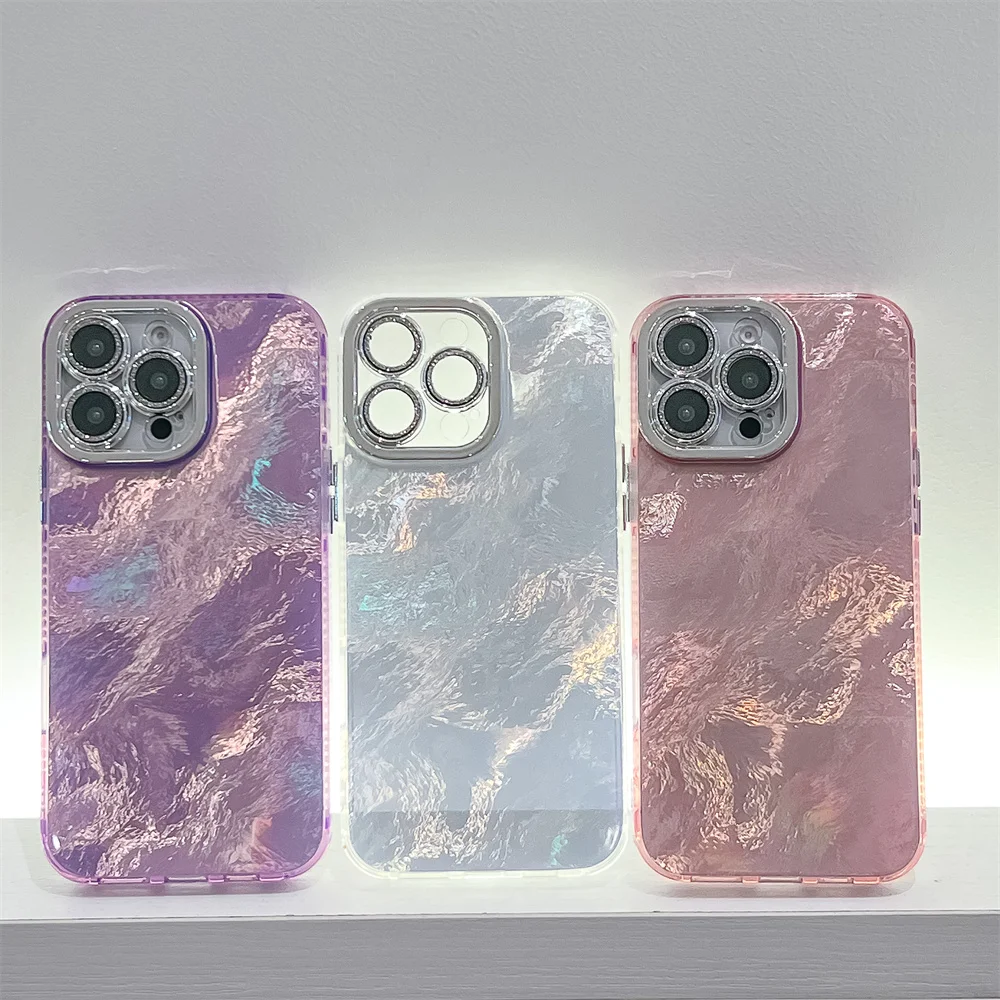 Custodia per telefono con glitter plissettato e increspature dell'acqua abbaglianti per iPhone 16 15 14 13 Pro Max, protezione per obiettivo lucido, antiurto, con retro glitterato_voghion.com