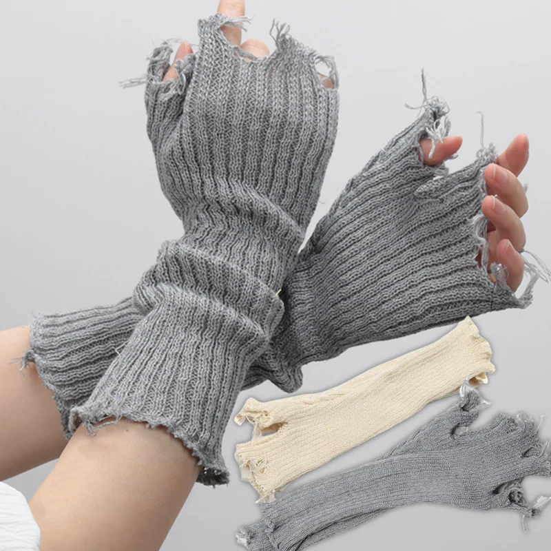 

Unisex Black Gothic Gloves Knitted Ripped Oversleeves Women Warm Arm Sleeve Tattered Punk Fingerless Cuff Glove Elbow Mittens