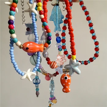 Cute Orange Ceramic Fish Starfish Pendant Beaded Choker Necklace For Women Seaside Vacation Bohemian Harajuku Charm Accessories