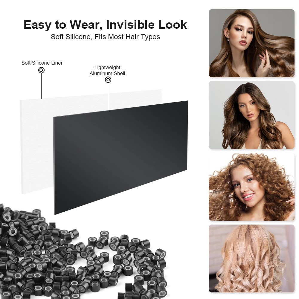 글래머도브 1000개 4mm 실리콘 라이닝 마이크로 링, 헤어 익스텐션 도구 액세서리용 마이크로링크 비즈