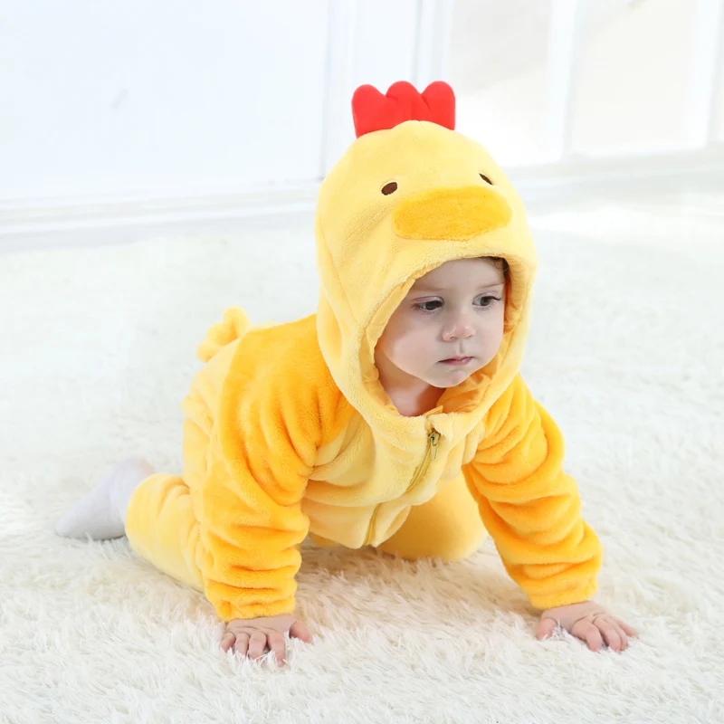 

Cartoon Chick Plush Jumpsuit Infant Baby Winter Casual Soft Long Sleeve Zipper Hooded Romper Boys Girl Clothes Warm Streetwear
