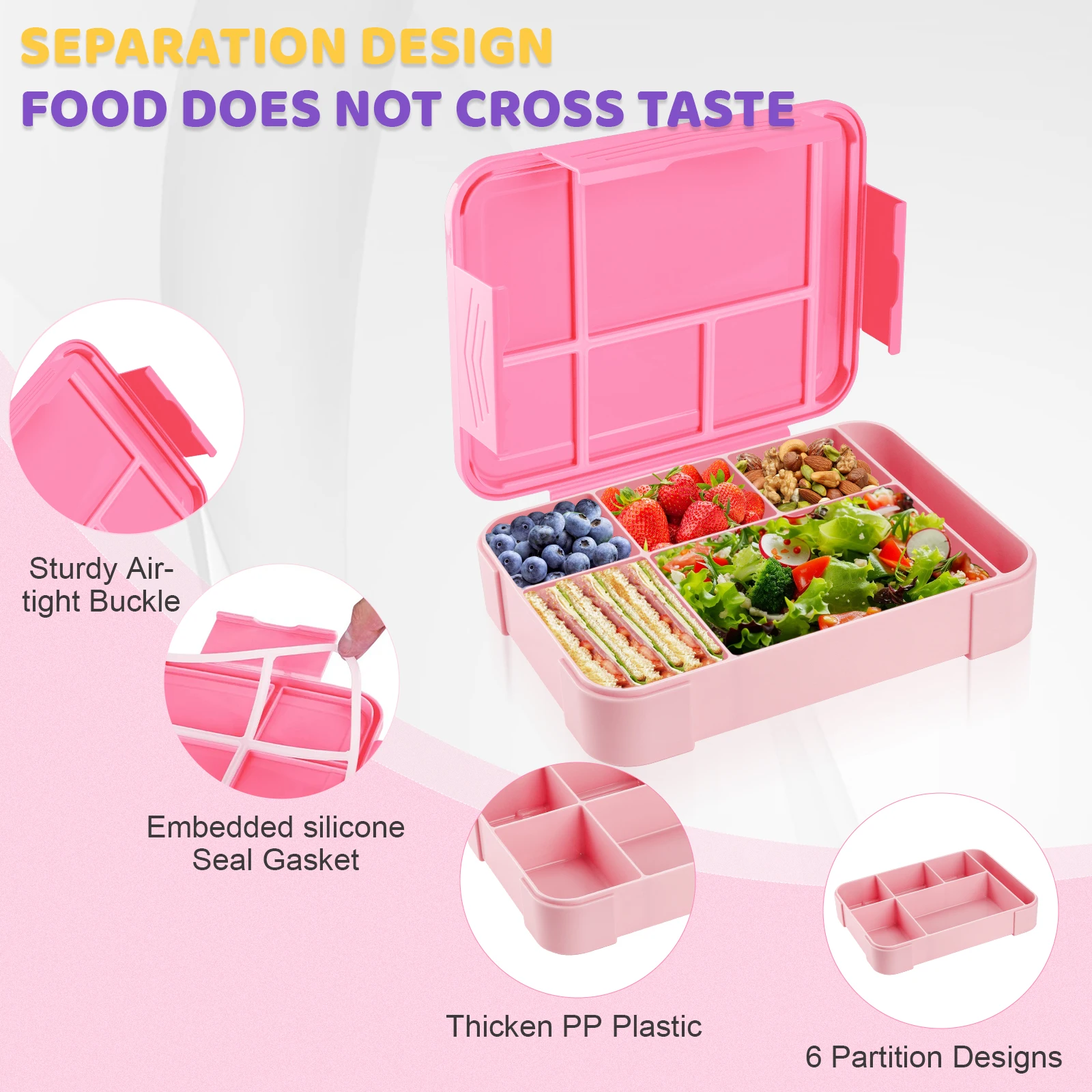 Pink Bento Lunch Box For Kids Girls Microwave Oven Bento Box With 6 Compartments BPA-Free Snack Food Container for School Picnic - 3