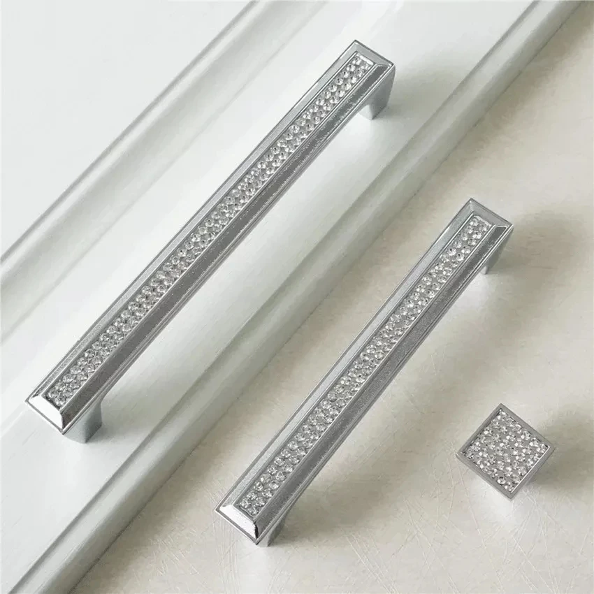 Crystal Glass Silver Furniture Knobs and Handles Zinc Alloy Kitchen Handle Luxury
