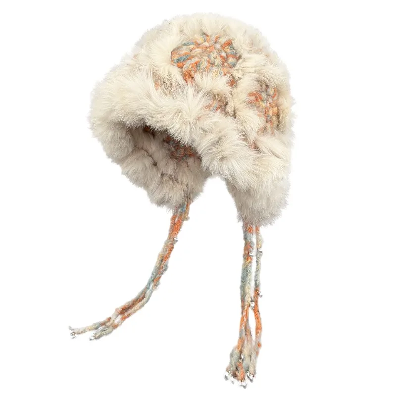 Rabbit Fur Cloud-Knit Lion Dance Hat - Plush Tassel Trim Winter Beanie with Thermal Insulation, Chinese Festive Photo-Ready