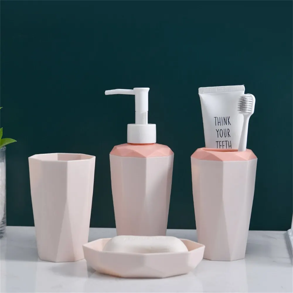 Toothbrush Cup Set 4PCS Diamond Shape Plastics Bathroom Accessories Sets Nordic Matte Toothbrush Holder Cup Soap Dispenser Bathroom Kit Toothbrush Case Toothbrush Storage Rack Toothbrush Storage Box Mouthwash Dispenser