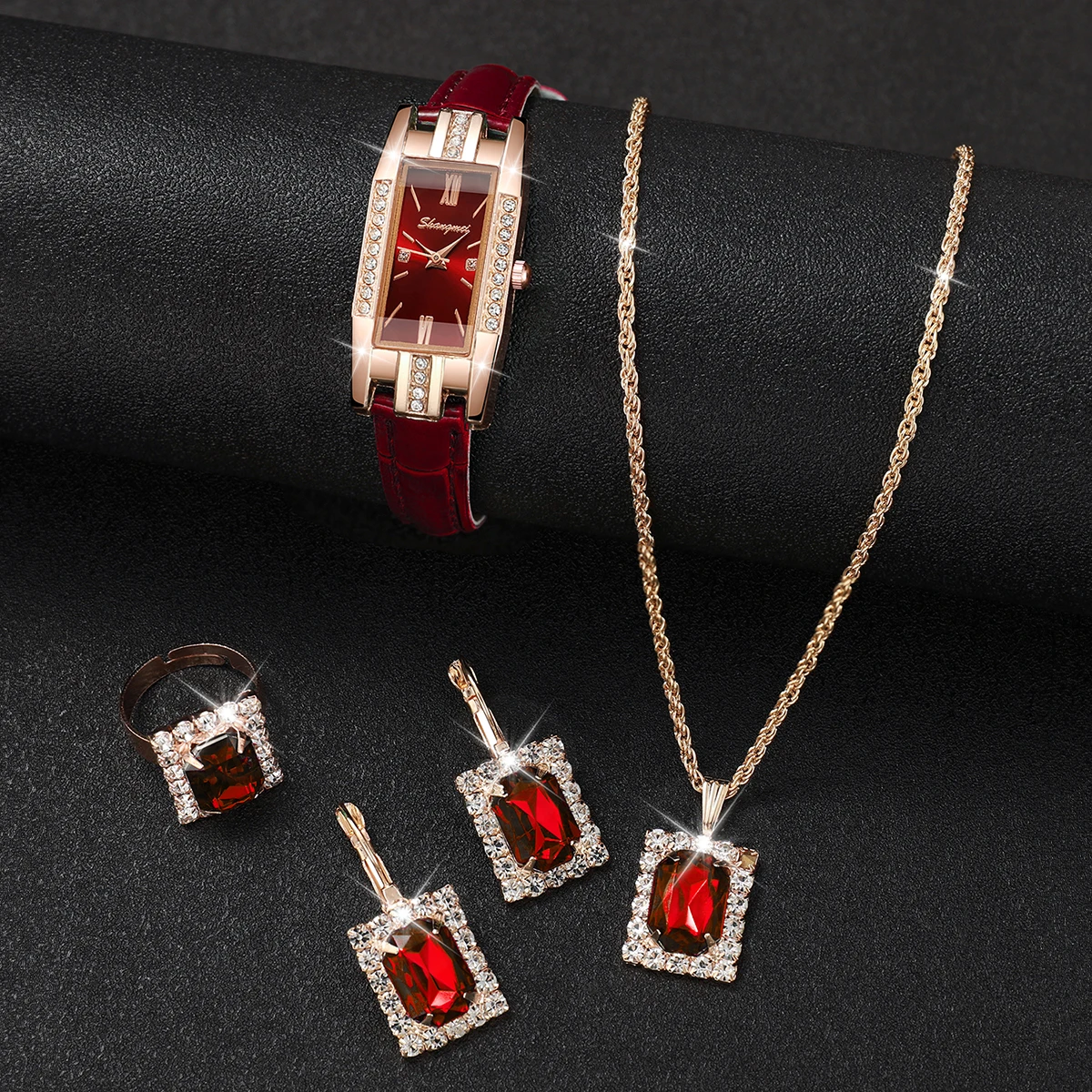 5PCs/Set Women's Watch Set Fashion Style Artificial Synthetic Diamond Jewelry Set, Gift for Girlfriend, Mom, Wife