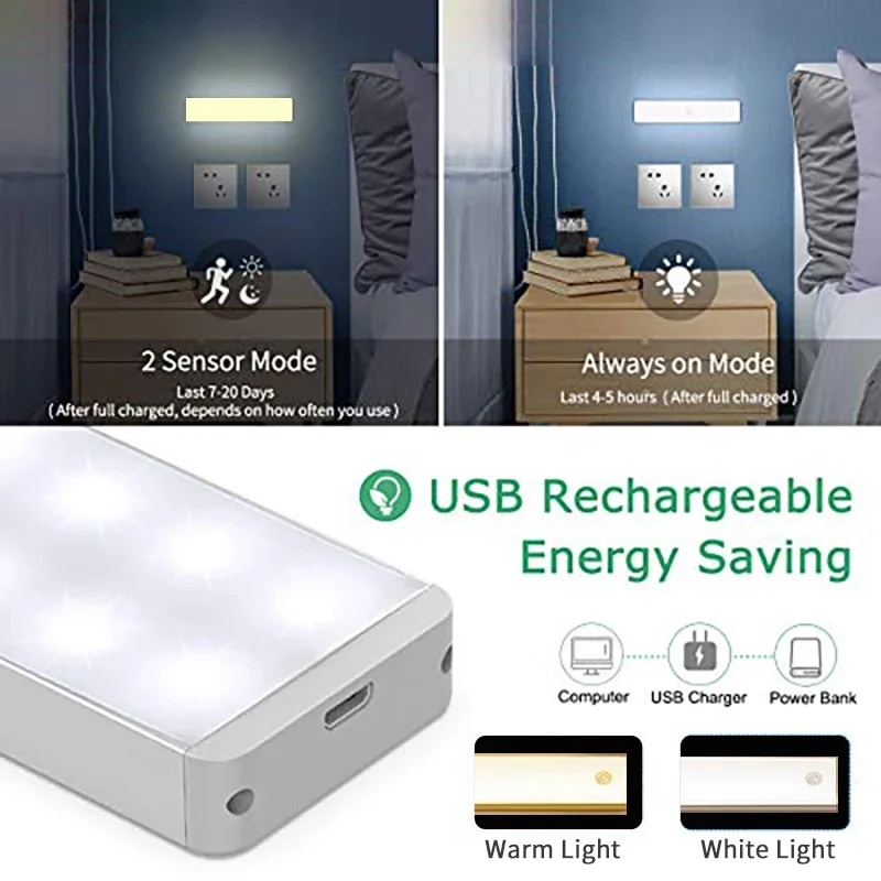 Motion Activated LED Bar USB Rechargeable Magnetic Night Light for Kitchen Cabinet Bedside Room Portable Sensor Lamp