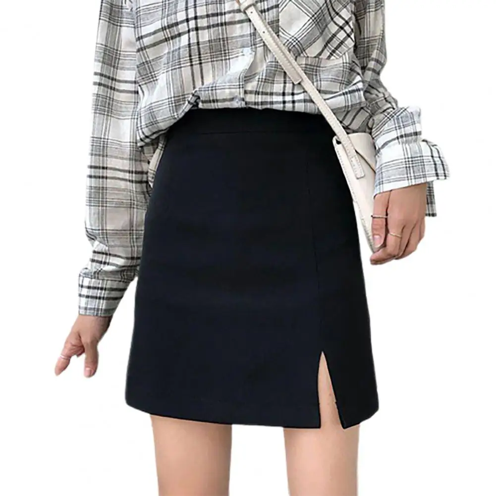 

Solid Color Side Split Hem Office Skirt Hip Wrapped Back Zipper Above Knee Soft High Waist A-Line Mini Dress Streetwear