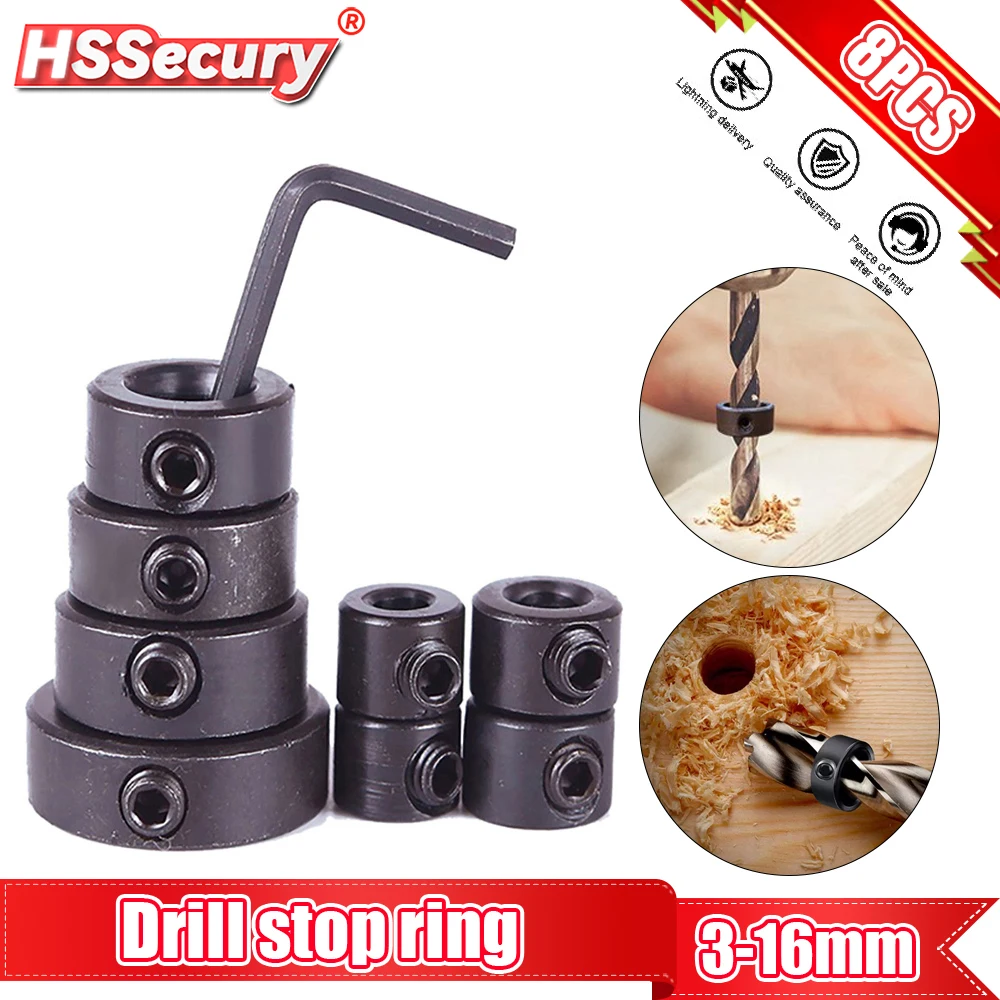 

8pcs Woodworking Drill Locator 3-16mm Shaft Depth Stop Collars Ring Positioner Drill for Wood Drill With Hexagon Wrench Bit Tool