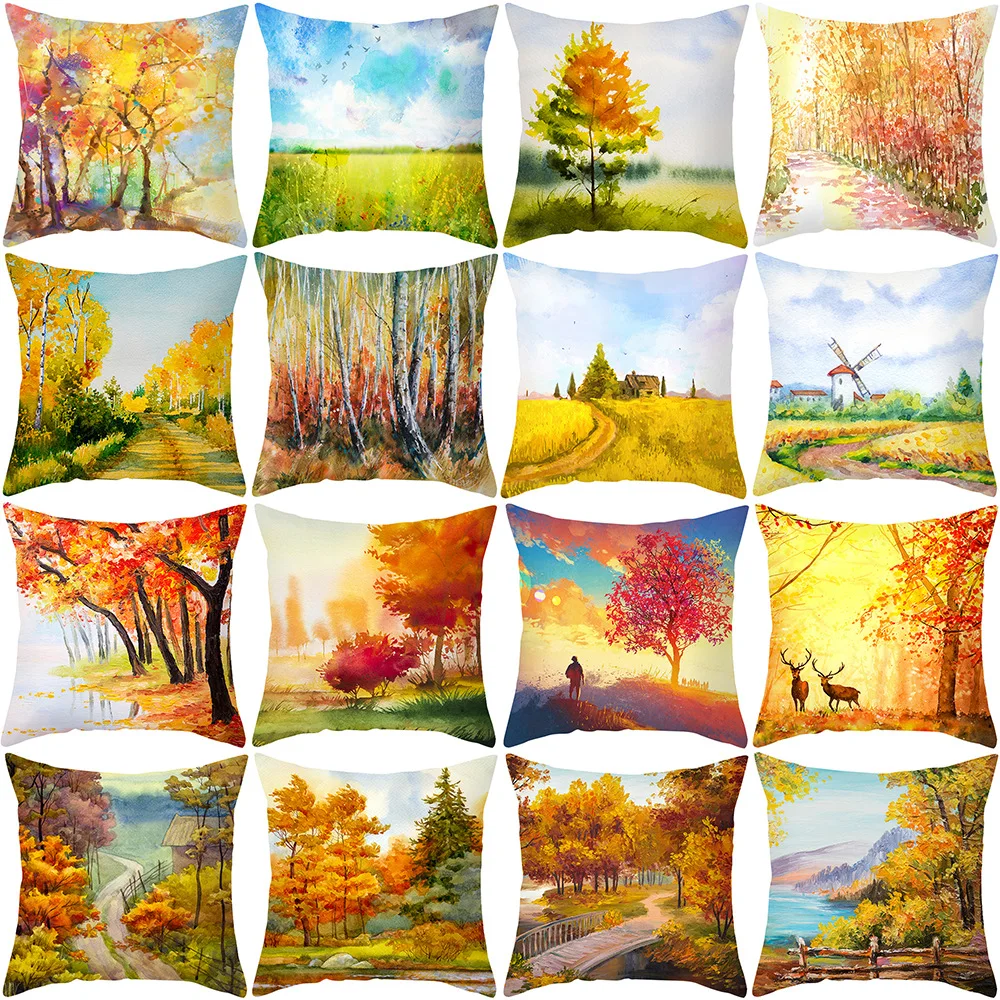 

Autumn Bucolic Forest Scenery Cushion Cover Happy Thanksgiving Decor Pillows Cover Farmhouse Home Decoration Throw Pillowcase