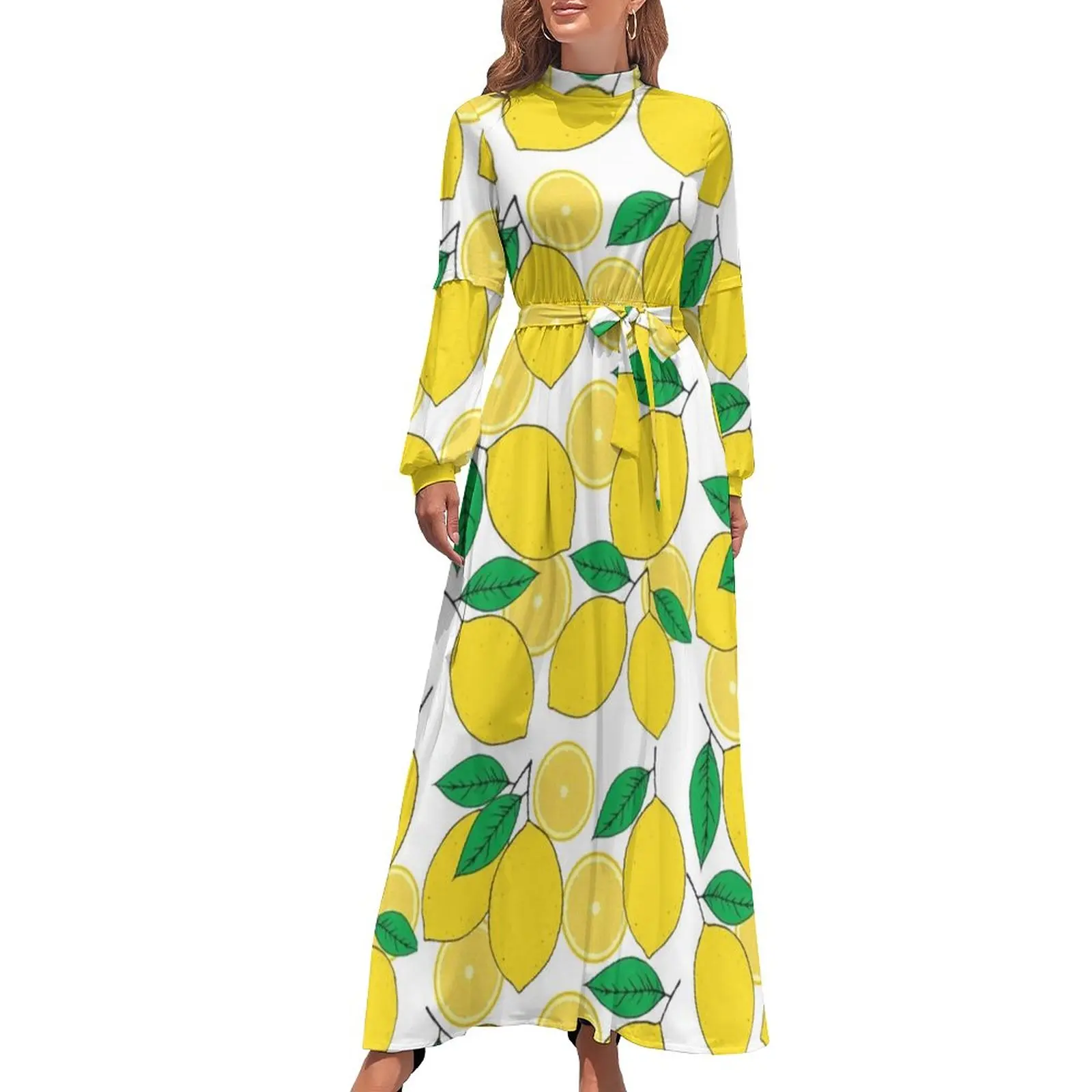 

Lemon Print Dress Green Leaves Korean Fashion Beach Dresses Female Long Sleeve High Waist Party Long Maxi Dress