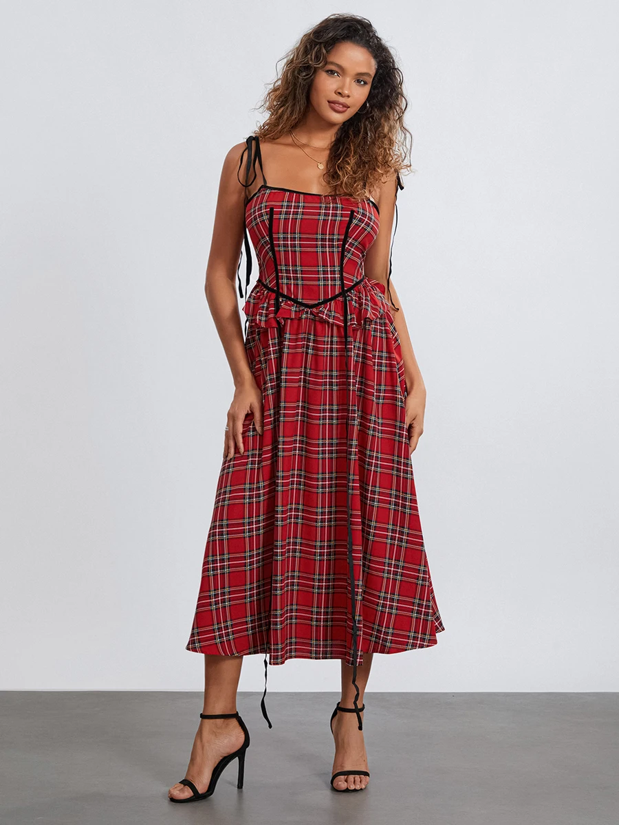 

Women Summer Midi Cami Dress Red Sleeveless Backless Spaghetti Strap Plaid Party Dress