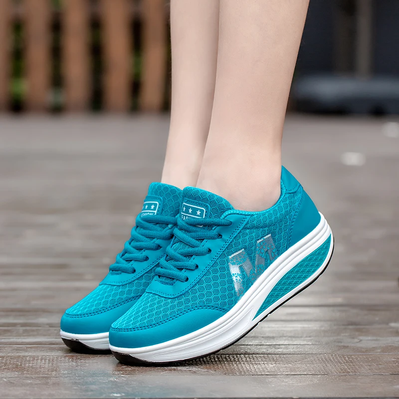 Brand Women Sports Shoes Increase Height 5 Cm Ladies Toning Shoes Wedge Sneakers Breathable Rocking Platform Shake