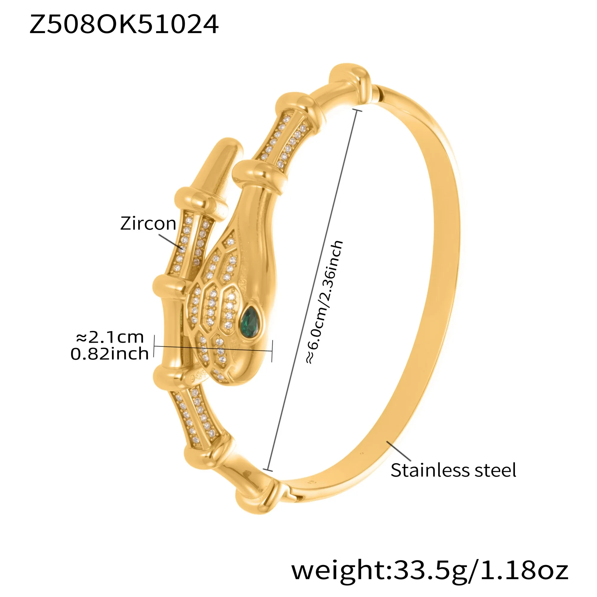 Grünes Zirkon-Schlangen-Chunky-Armband, luxuriöser Armreif für Damen, Edelstahl, 18 Karat vergoldet, Manschettenarmband, exquisiter Damenschmuck – Detail 3