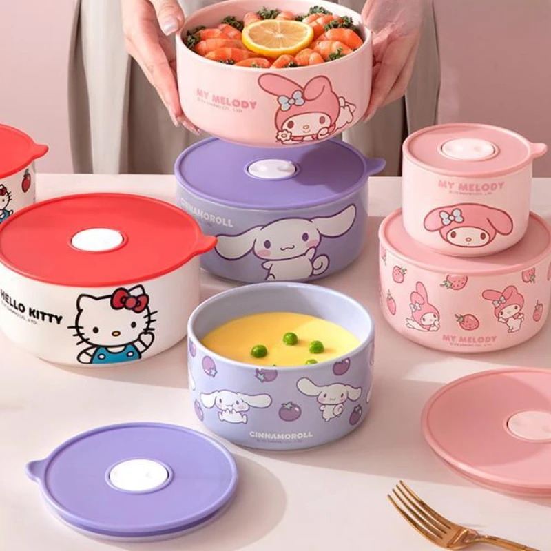 

3pcs Kawaii Sanrio Cinnamoroll Kitty MyMelody Anime Ceramic Lunch Box Microwave Heating Seal Noodle Bowl Y2k Cute Tableware Gift
