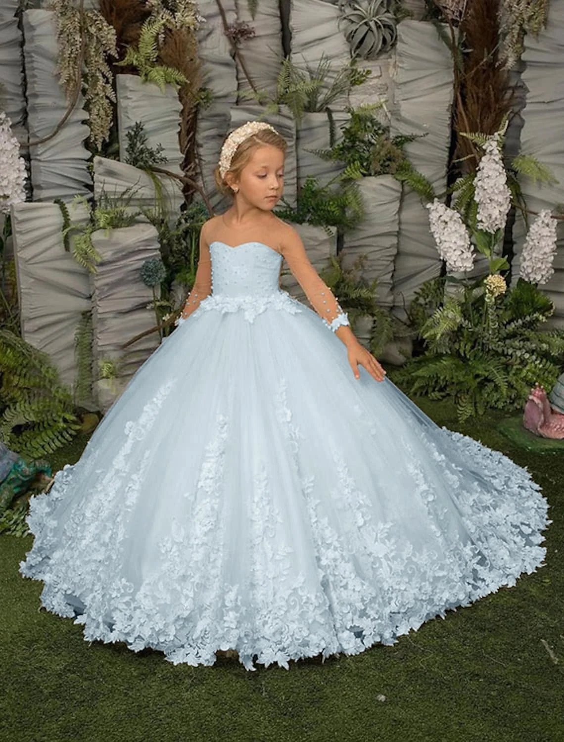

New Champagne Flower Girl Dress Lace Appliques Long Sleeve For Wedding Birthday Ball Gown First Holy Communion Skirt Customize