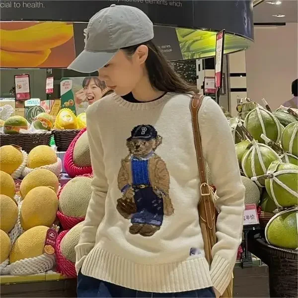 

2024 RL New Women's Bear Sweater Winter Clothing Fashion Knitted Unisex Pullover Round Neck Sweaters Cotton Wool Cashmere Jumper