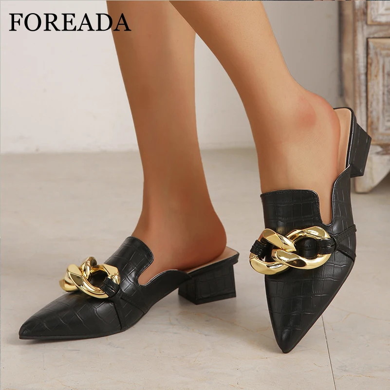 

FOREADA Women Mules Shoes Pointed Toe Chunky Mid Heels Metal Decoration Ladies Concise Fashion Casual Shoes Summer Black 42