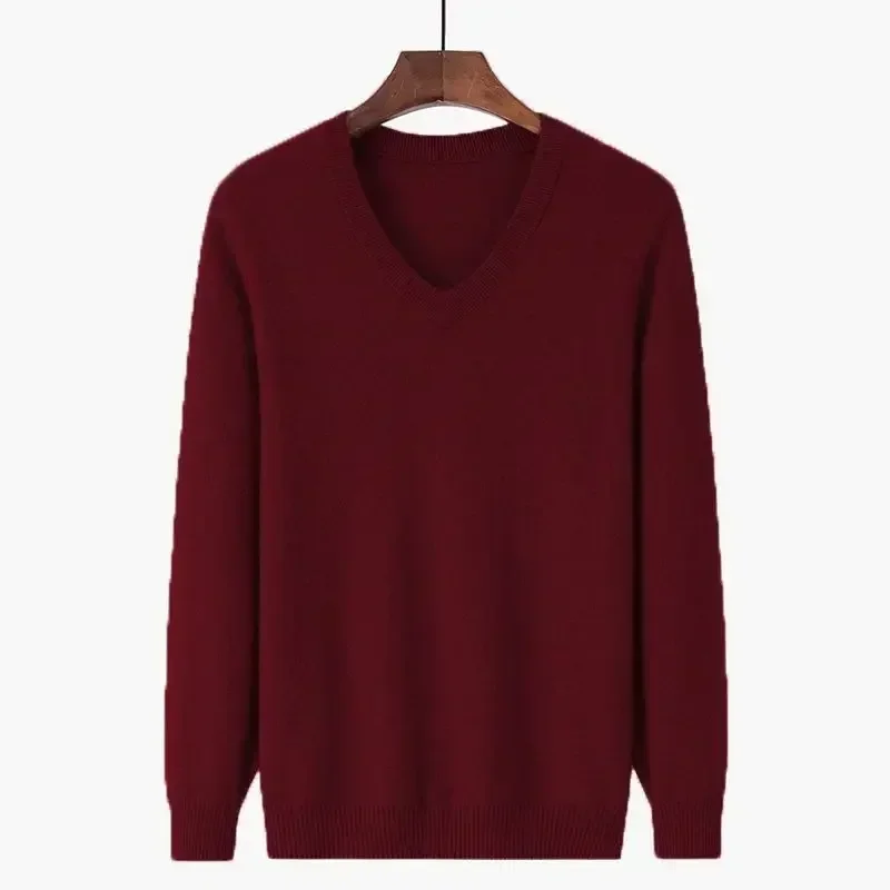 thumbnail image 1 of Suéter de punto para hombre, ropa de hombre roja lisa, jerseys de negocios, color sólido, cuello en V, corte holgado, lana holgada, ropa de otoño coreana, 1 of 5