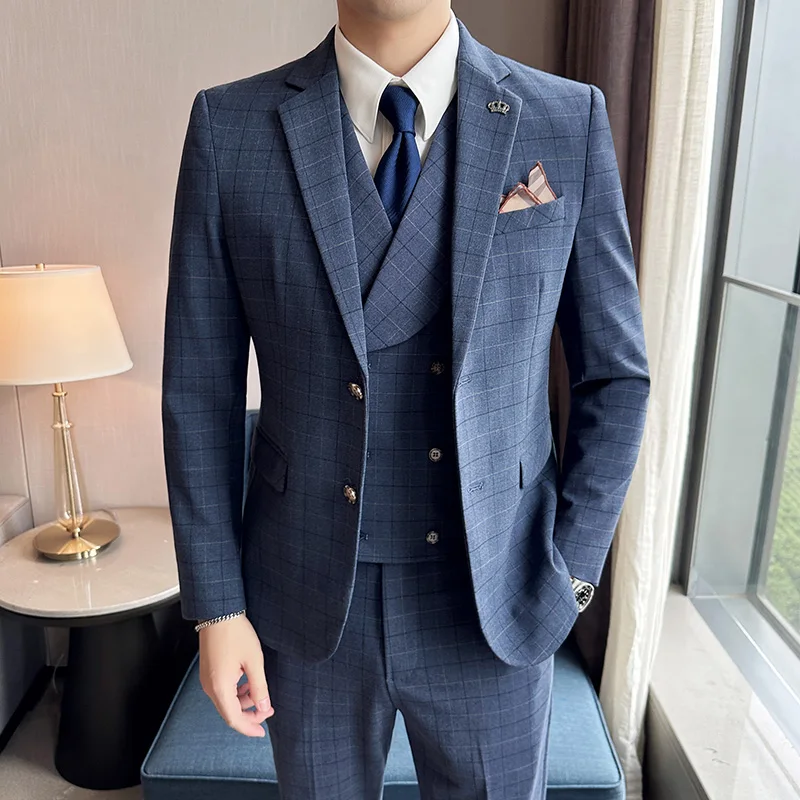 

Wo-button Suit Set (suit + Vest + Trousers) Stylish and Handsome 3/2 Piece Set Trend Korean Version Smart Casual Blaze M-5XL