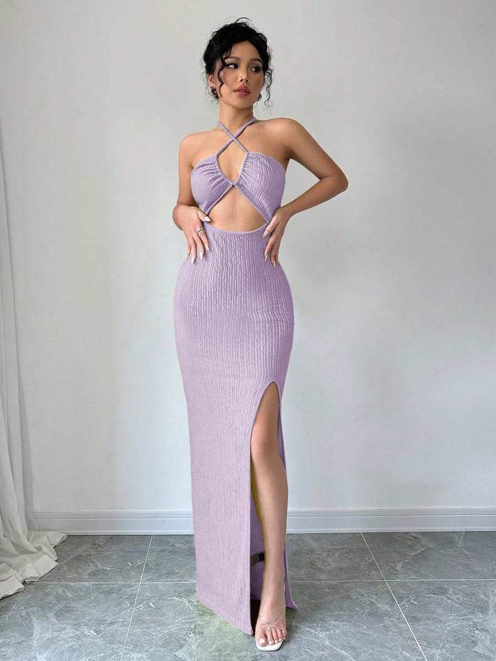 Halter Neck Cutout High Slit Bodycon Dress For New Year Clothes Maxi Women Outfit