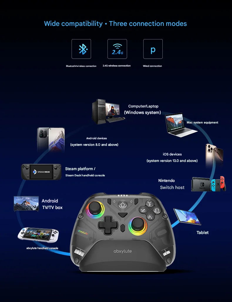 Abxylute C8 무선 블루투스 트라이 모드 게임 컨트롤러 PC 모바일 태블릿용 홀 이펙트 조이스틱 게임패드 인체공학적 선물