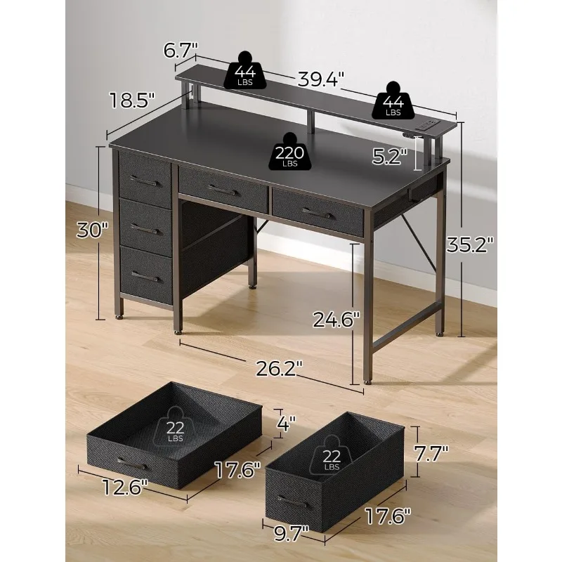 Computer Desk with Power Outlets & LED Light, 39 inch Home Office 5 Drawers, Writing Monitor Stand,Work for Office, Black 3