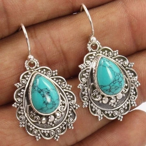 Creativity Silver Color Engraving Pattern Natural Green Stone Drop Dangle Earrings for Women Engagement Party Jewelry